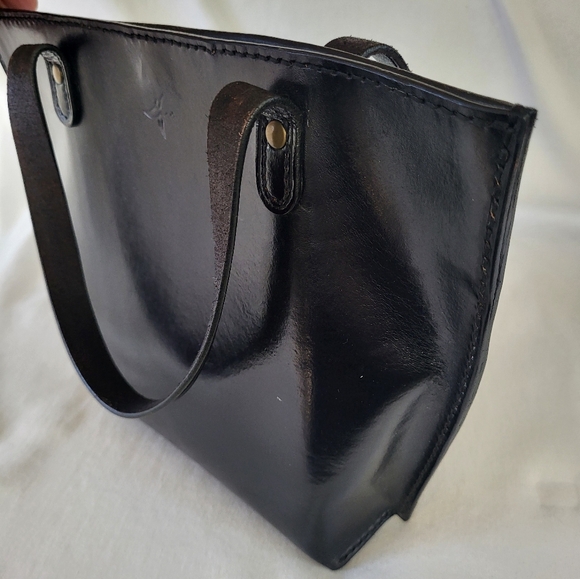 Vintage Black Leather Bucket Bag Mini Tote Dual Top Handles - Picture 3 of 8